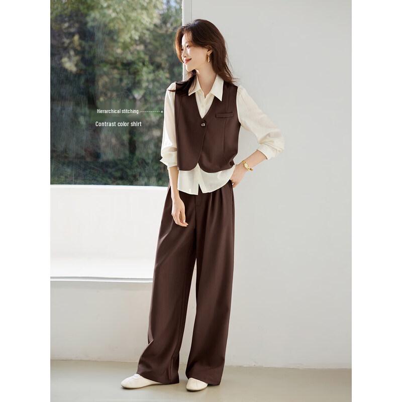 Women s Spring Commuter Fake Two-Piece Vest & Wide-Leg Pants Set S