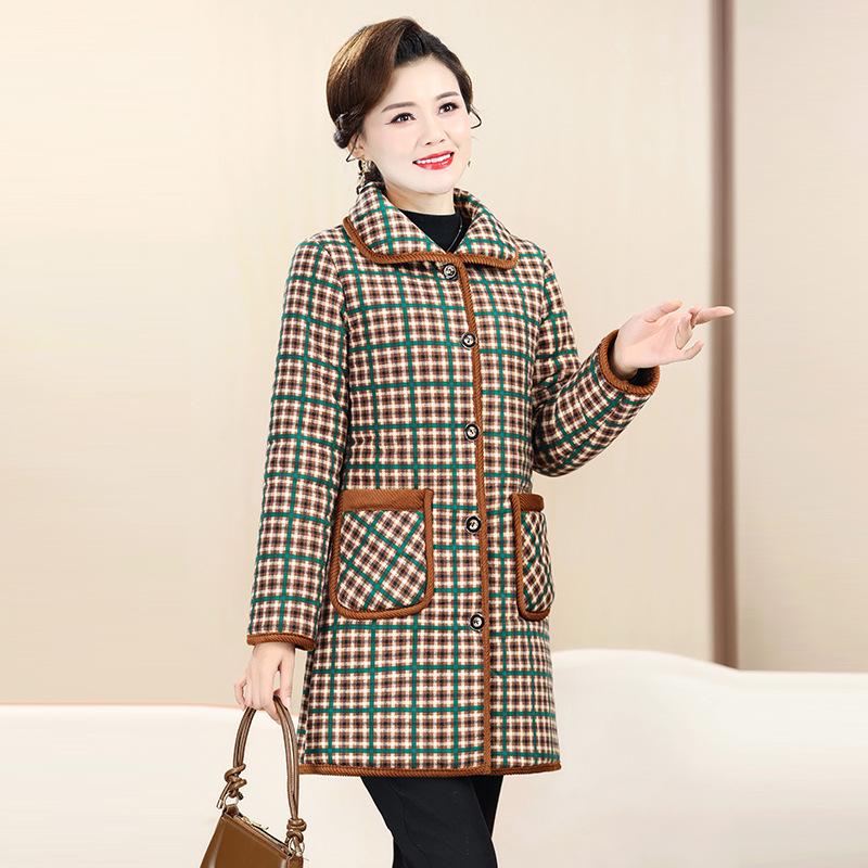 Mom's Warm Plaid Velvet-Enhanced Winter Coat for Mid-Aged Women