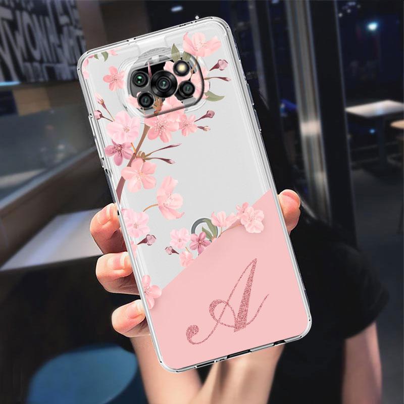 Case For Xiaomi Mi Poco X3 NFC 11 Lite M3 10T 9T 12 Redmi Note 10 9 9S 8 8T 7 Soft Clear Phone Cover Flower Letter Pink A B C