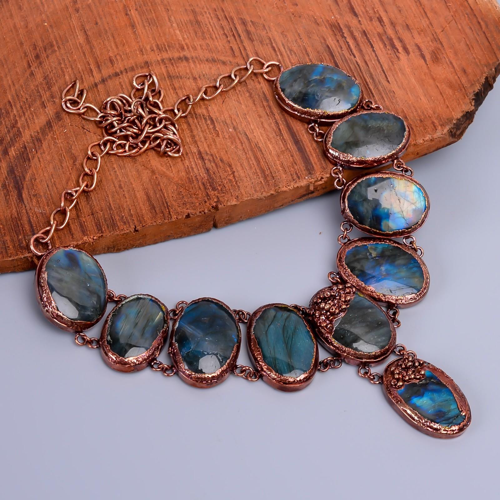 

Овальный Лабрадорит Драгоценный Камень Медь Цепочка на День Рождения Гальванопластика Ожерелье Ювелирные Изделия V-85