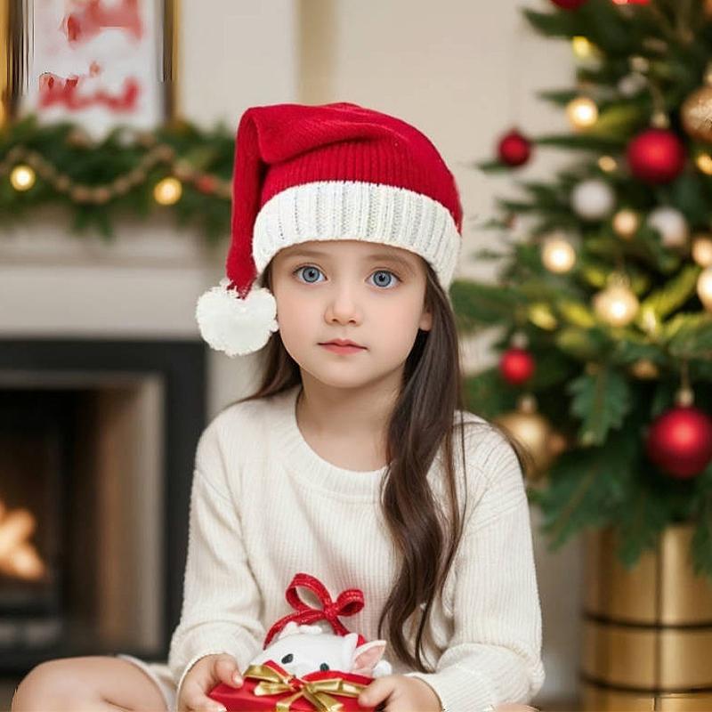 Christmas Warm Knitted Woolen Hat Winter Red Santa Hat Holiday Dress Parent-Child Woolen Hat