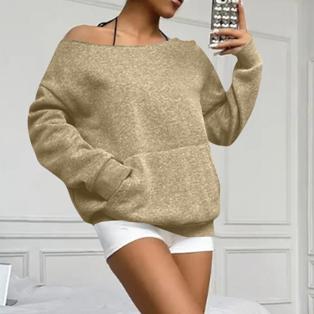 Women's Casual Fashion Solid Color Off-shoulder Long-sleeved Loose Sweatshirt With Pockets