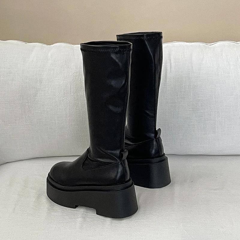 Chunky Women Knee High Boots Fashion Slip On Knight Long Boots Platform Flats Autumn Winter Ladies Shoes