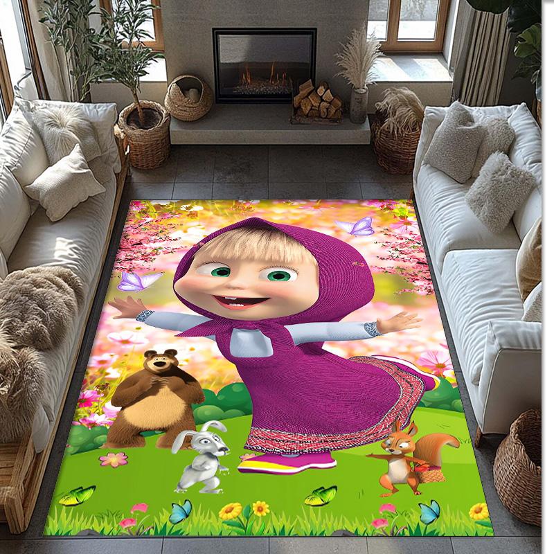 Masha and the Bear Crystal Velvet Rug, Soft Anti‑Slip Crystal Velvet Carpet for Living Room Bedroom Home Decor