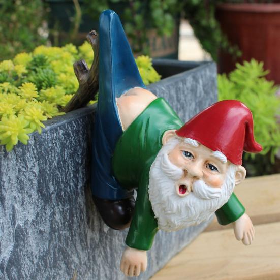 Flowerpot Dwarf Statue Planter Hanging Gnome Figurine Resin Dwarf with Pants Hanging on Branch Ornament for Garden Fence Window Box