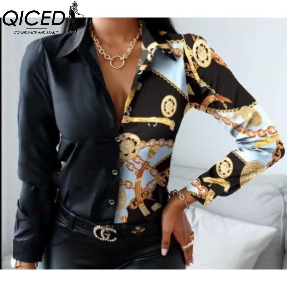 QICED Women's Fashion Casual Solid Color Print Long Sleeve POLO Neck Blouses & Shirts