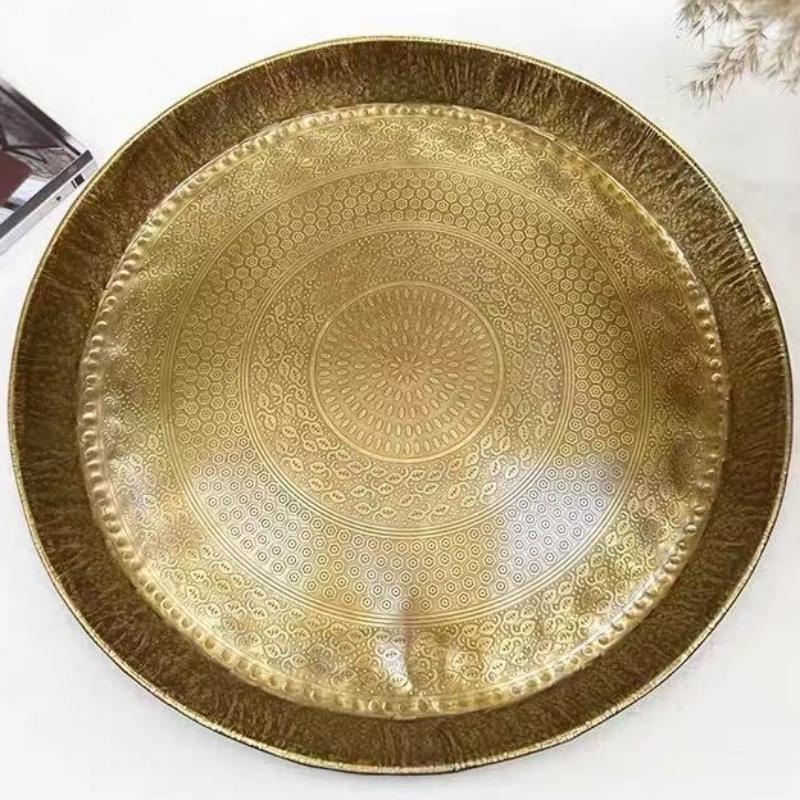 Vintage Engraving Hammer Texture Brass Coffee Cup Tray,Teacup Saucer Home Cheese 35 cm Fruit Plate,Snack Disc Table Decoration
