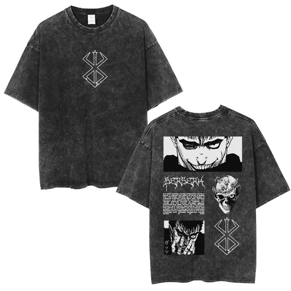 Japanese Anime Berserk Guts Vintage Washed T Shirt Griffith Swordsman Gatsu Sacrifice Zodd T-shirts Unisex Cotton Casual T-Shirt