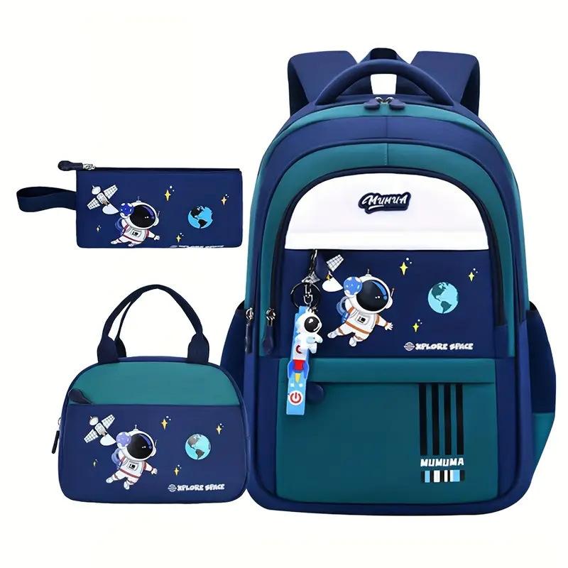 3Pcs/set Astronaut Print Backpack for Boy Girls School Bags Lunch Box Bag Pencil Case Lightweight Bookbag Primary School Student