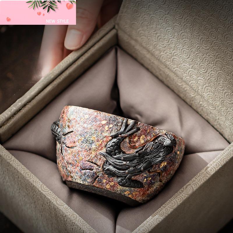 120 ml handgefertigte Teetasse aus Keramik mit Drachenmuster, Rock Mine Master Cup, Goldspitze, persönliche Teetasse, Jianzhan-Trinkgeschirr, Geschenkbox