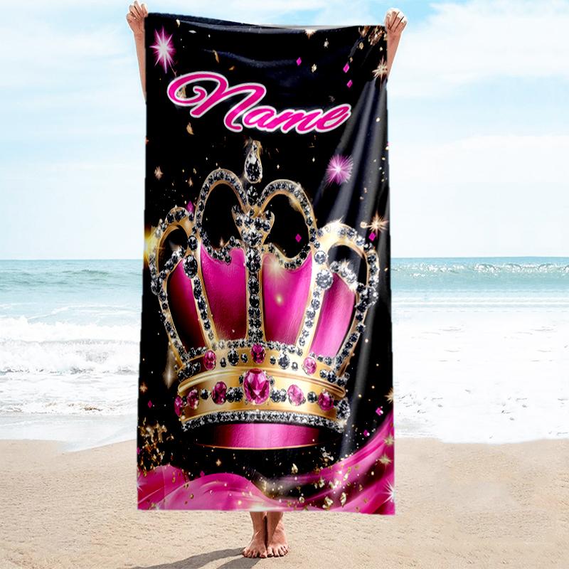 1PC Custom Name Crown Sparkle Princess Theme Beach Towel Highly Absorbent And Sand-Resistant Towel for Swimming, Pool, Yoga, And Travel Lightweight