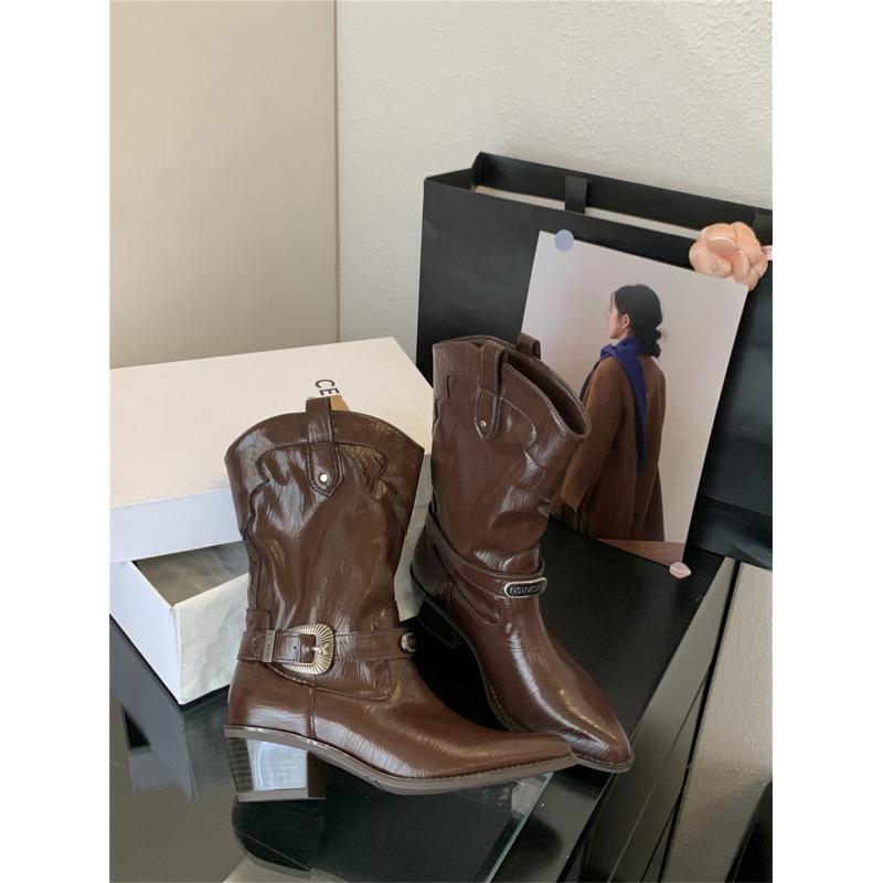 

Ретро пряжка на ремне полусапоги рыцарские женские 2025 осень и зима новая кожа квадратный носок толстый каблук тонкие ковбойские сапоги в западном стиле 39 коричневый