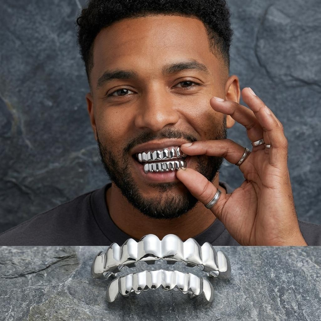 AceWings G010 Brass 8/8 Hip Hop Teeth Grillz Set Gold/Silver Top & Bottom Body Jewelry Punk Cosplay Party Tooth Grills Gifts