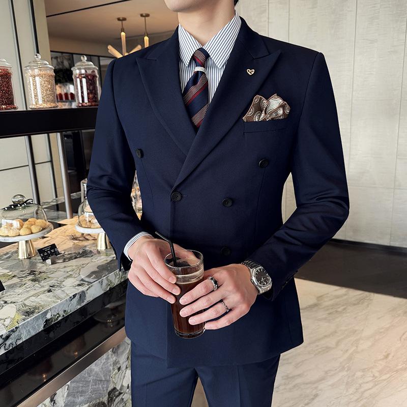 Herren Langarm Schleifenhals Zweireiher Anzug, High-End Business Casual einfarbiger Anzug