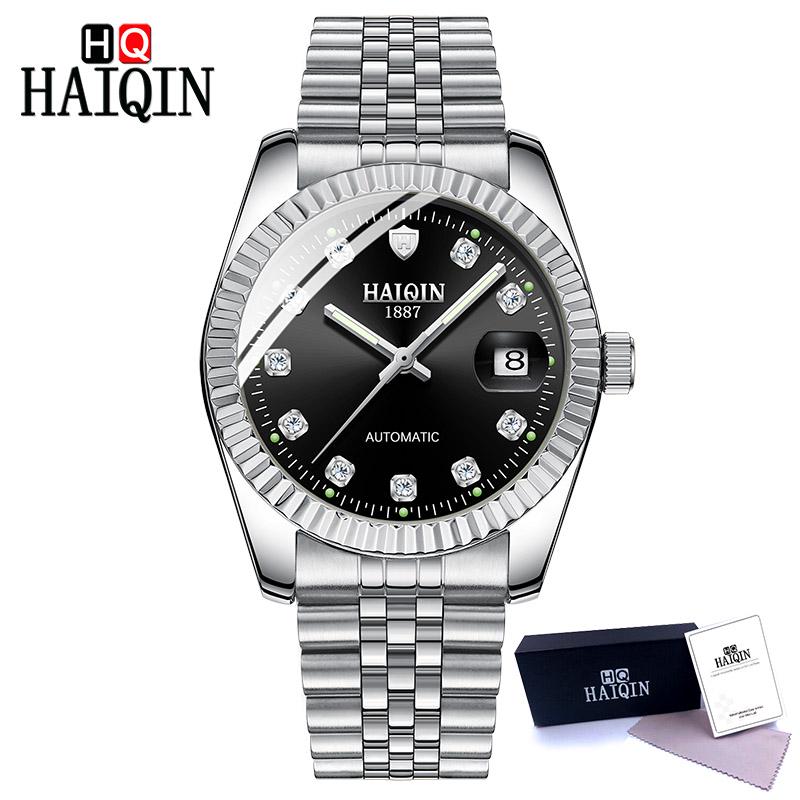 

HAIQIN Мужские часы Роскошные автоматические механические часы Мужские водонепроницаемые спортивные часы Наручные часы серебряный/чёрный