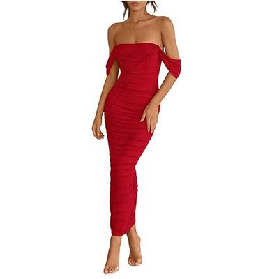 Damen Off-Shoulder Falten Netz Doppel-Lagen Saum Schlitz Ärmelloses Kleid