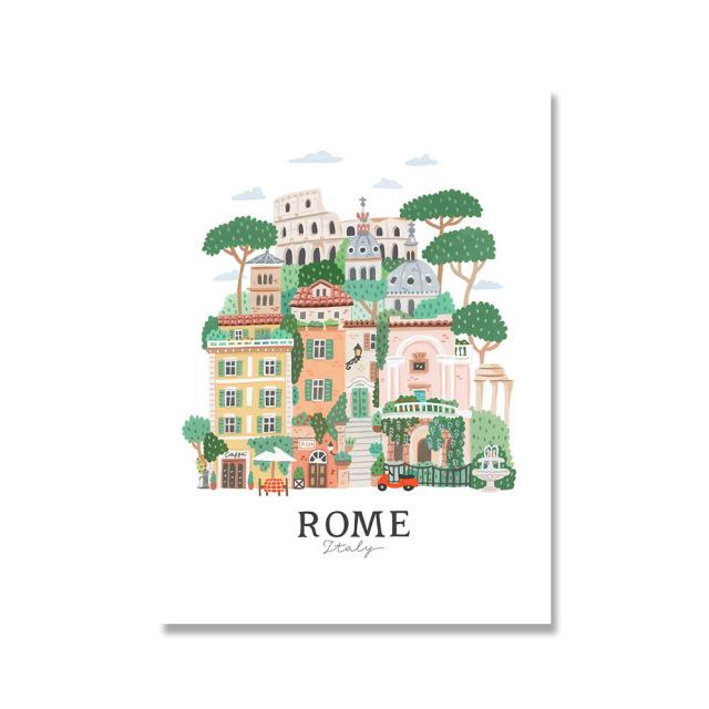 Cartoon Architektur Kunst Poster Paris Rom Kyoto Illustration Leinwanddruck Bilder für Wohnzimmerdekor Innengemälde