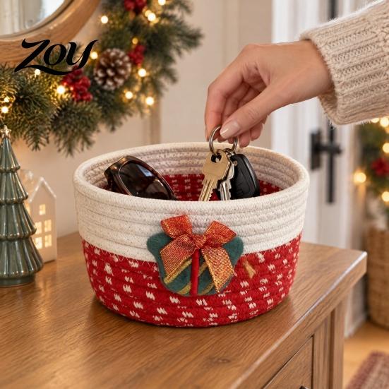 Durable Woven Bins Cotton Rope Storage Basket, Cute Christmas Theme Organizer, Handmade Bowls Decorative Fabric Bin for Snacks And Sundries
