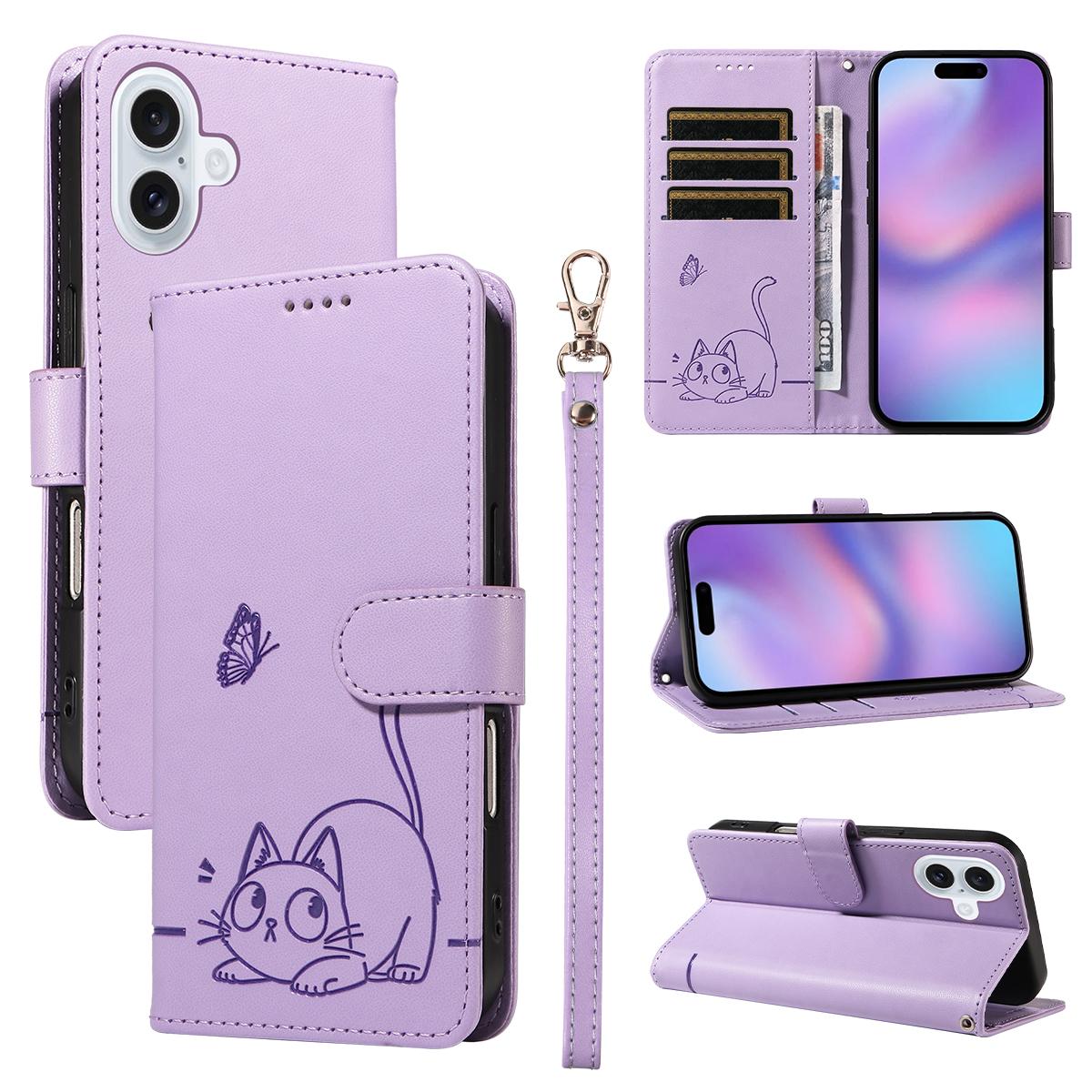 

For iPhone 17 Case Cat Pattern Imprint Leather Phone Cover with Wrist Strap Purple