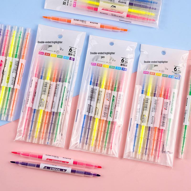 Double-Ended Fluorescent Highlighter Set - 6 Colors, Slanted Tips, Ideal for Students
