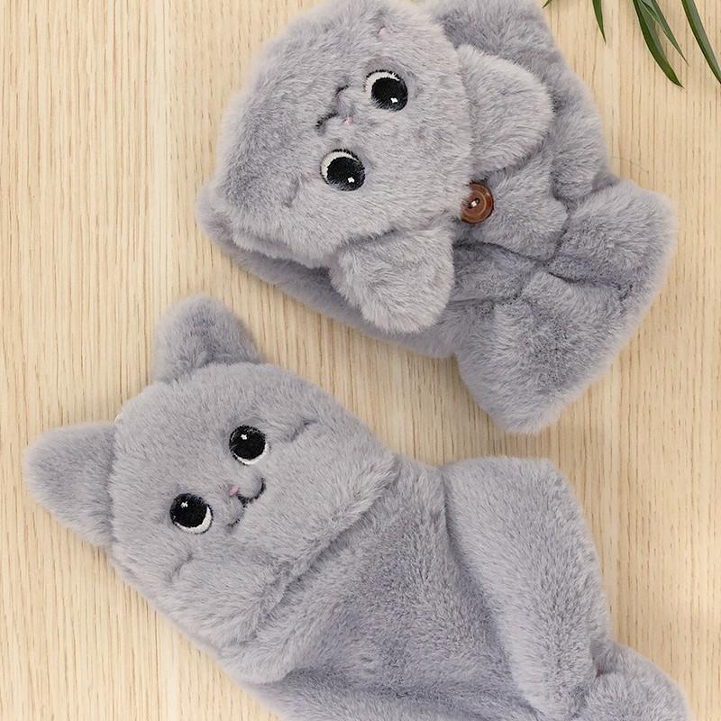 Winter Cute Cat Flip Gloves Plush Thickened Middle School Student Half Finger Fluffy Dew Finger Warm Plush Protection