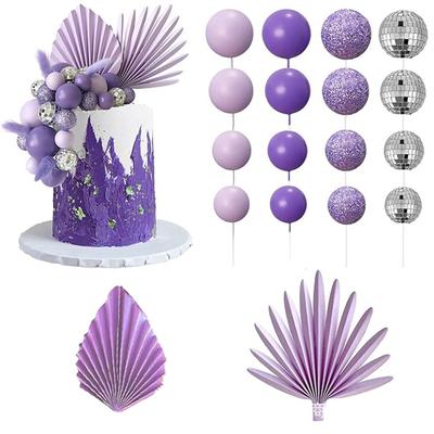 Bolo Bola Glitter Rosa Roxo Decorativo Bola Espelhada Leque de Papel Folha de Palmeira Topo de Bolo Aniversário Festa de Aniversário
