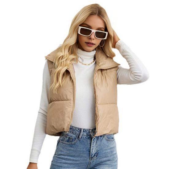 Women's Padded Vest Lightweight Stand Collar Sleeveless Short Warm Vest Drawstring Hem Zipper Closure Casual Gilet for Autumn Winter