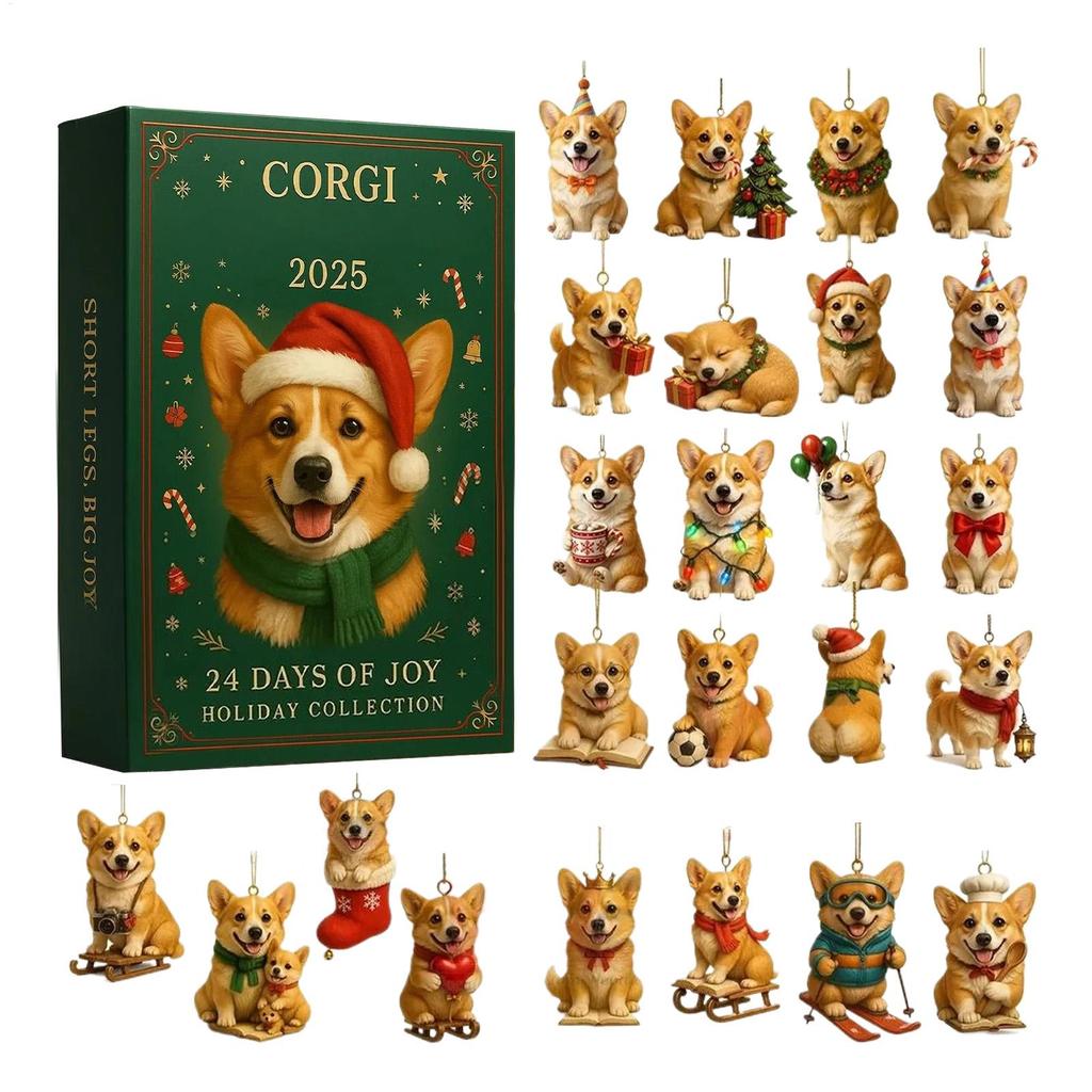 24pcs Christmas tree decorations 2D doggy Pendant Acrylic Puppy Themed Decorative ornament 24 Days Christmas countdown Calendar