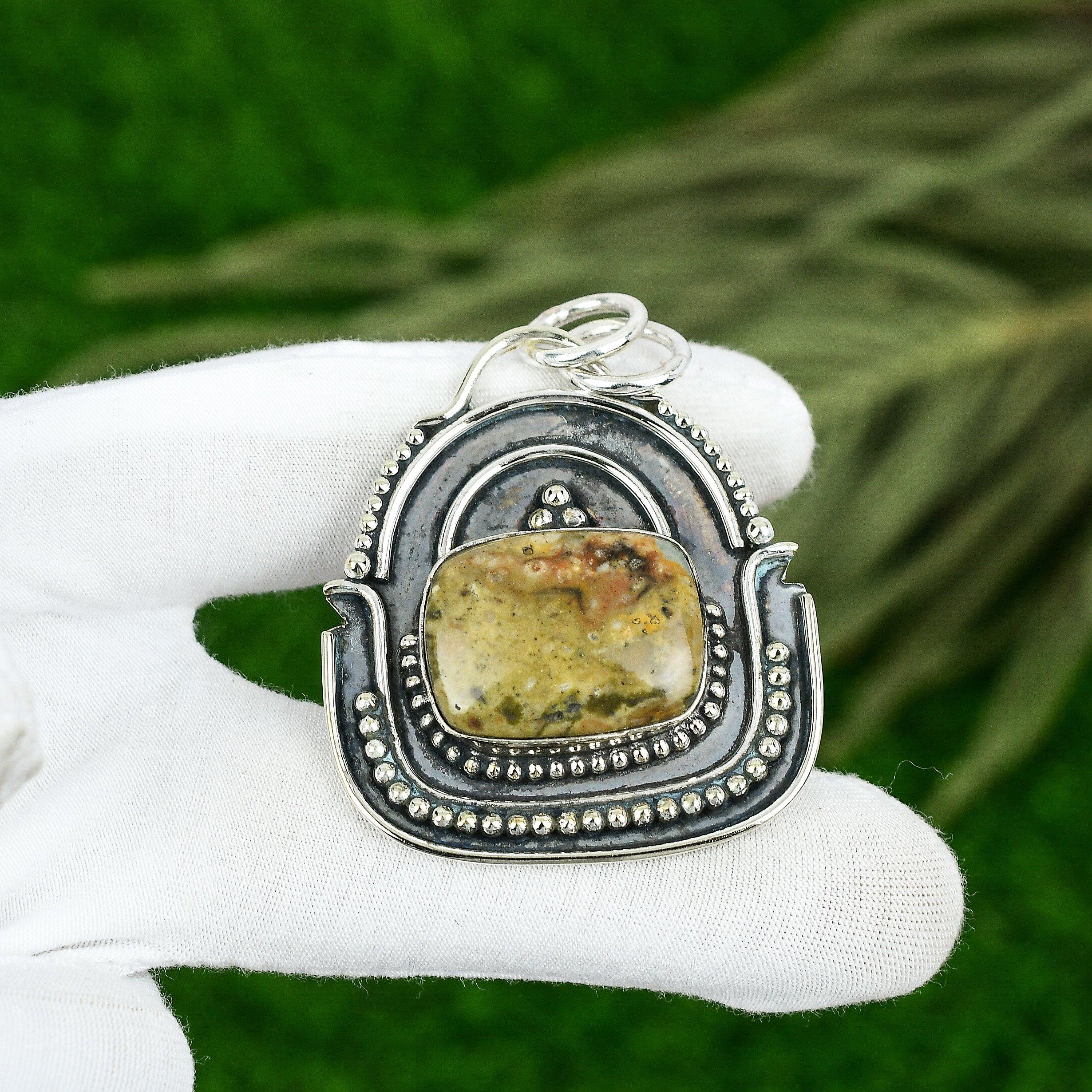 Sterling Silver Radiant Ocean Jasper Gemstone Bezel Engagement Pendant Jewelry