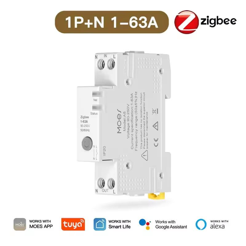 MOES Tuya Zigbee 63A Автоматический выключатель Умный счетчик электроэнергии V0 Огнестойкий Защита от возгорания Порог срабатывания сигнализации Установка Управление через приложение С Alexa 1 PCS Zigbee Version