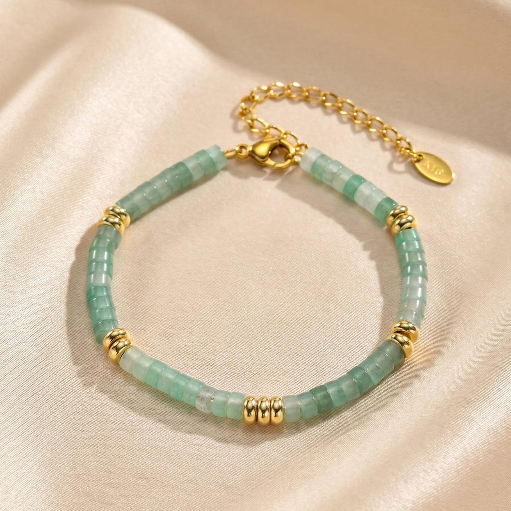 Elegant Green Aventurine Beaded Bracelet, 18K Gold PVD Stainless Steel, Waterproof Non-Tarnish Summer Jewelry