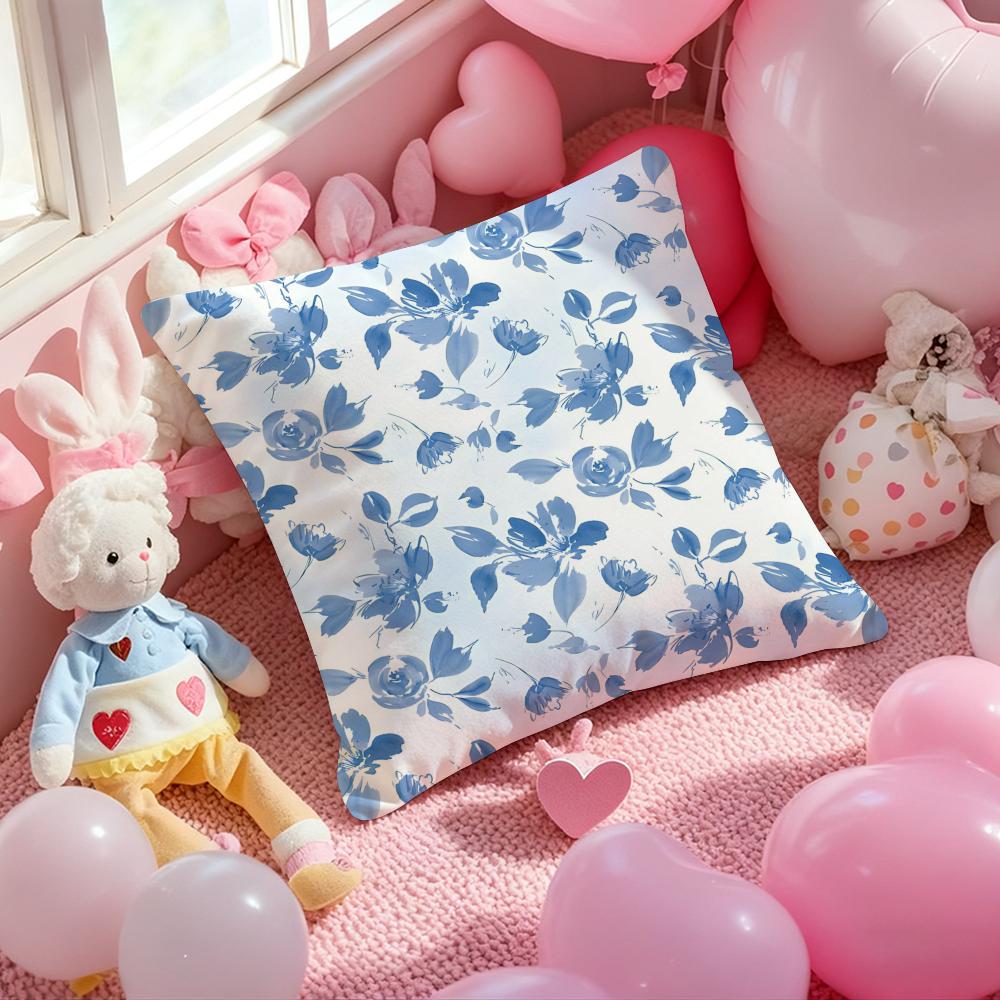 Elegant Blue Floral Cushion Cover Pattern Printed Pillowcase for Living Room Sofa Cushion Cover & Bedroom Decor