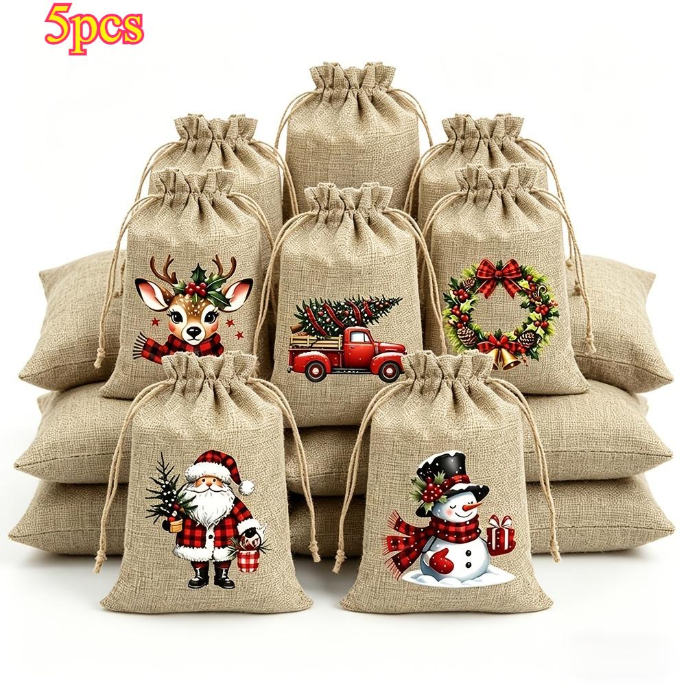 Christmas Linen Gift Bags Reusable 5 Styles Christmas Themed Design for Xmas Party Presents Birthday Gifts Xmas Tree Decorations