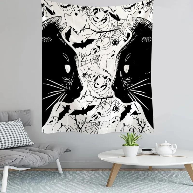 Cartoon Black and White Cat Hanging Cloth Office Living Room Tapestry Home Wall Decoration Tapestry