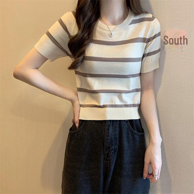 

Корейский шикарный женский топ с высокой талией и короткими рукавами - летний круглый вырез One Size (fits 75-120 jin) абрикосовый