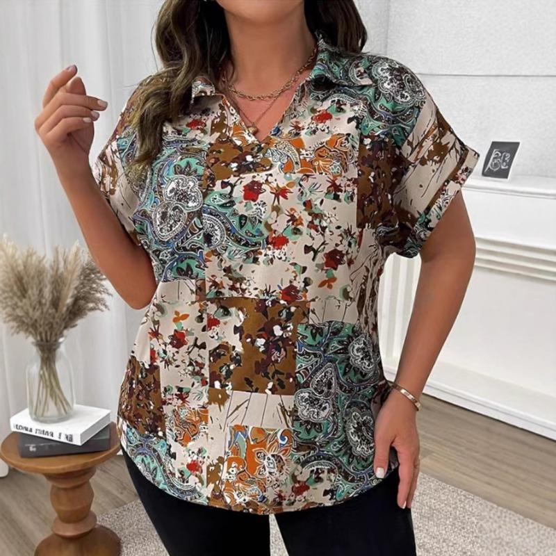Plus Size Women's Summer New Fashion Painted Floral Print V Neck Short Sleeved Top