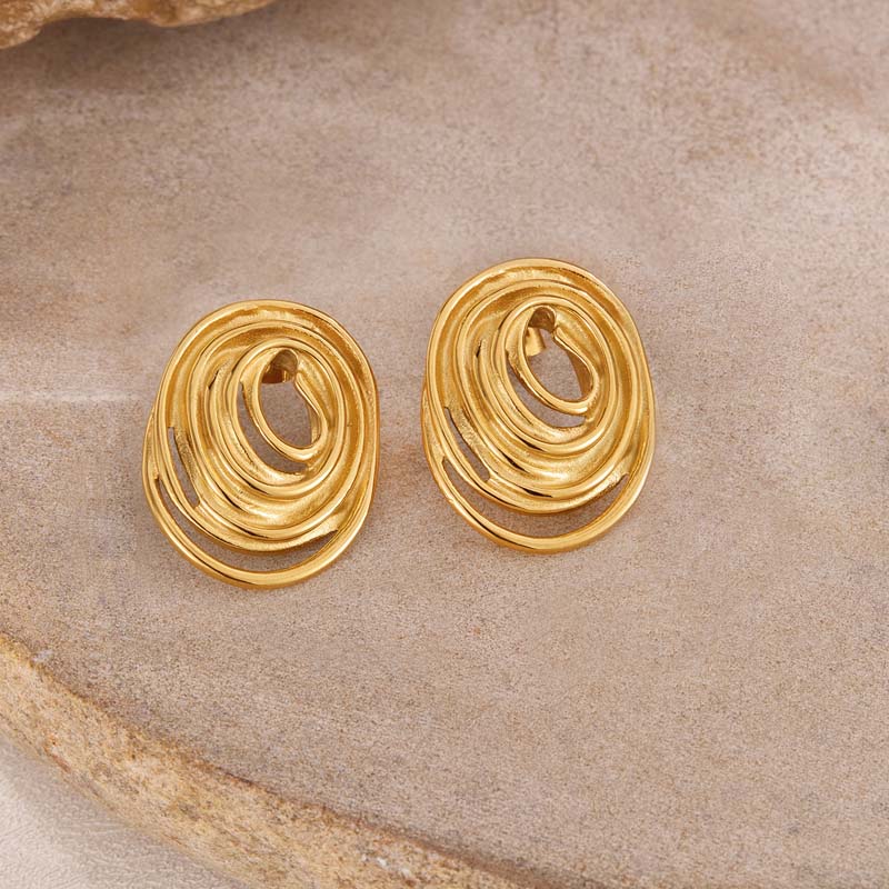 Stainless Steel Metal Oval Line Stud Earrings For Women Exaggerated Gold Color Geometric Earrings Jewelry Accessories
