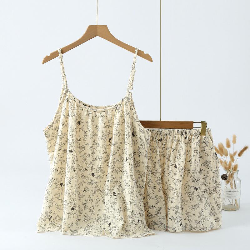Crepe Cotton Yarn Print Multi-color Women's Summer Suspender Short Sleeve Shorts Set Loungewear Pajamas
