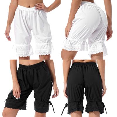 Women Bloomers Pants Stylish Clothing Elastic Waistband Solid Color Lace Ruffle Pants