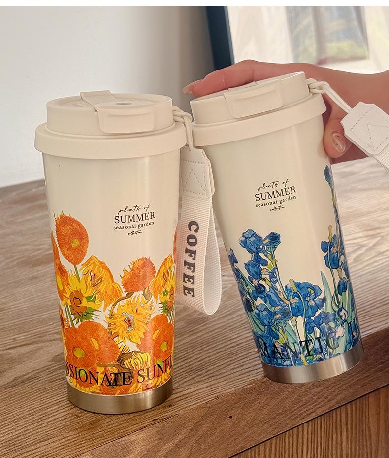2025 316 Izolovaný hrnek na kávu pro ženy: Elegantní cestovní hrnek s dvojitou stěnou a designem konvalinek