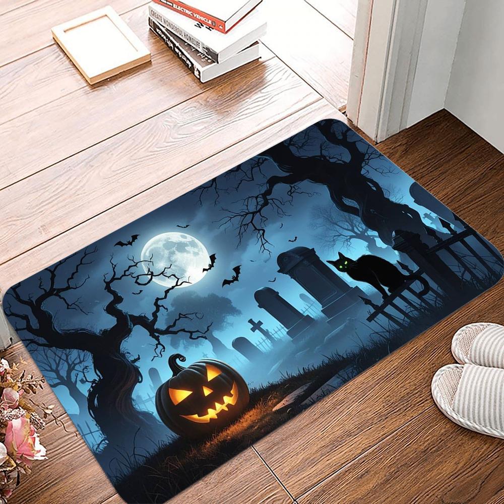 Halloween Pattern Door Mat Vivid Pumpkin Moonlit Night Designs with Bats and Spooky Trees NonSlip Floor Mat for Home Decor