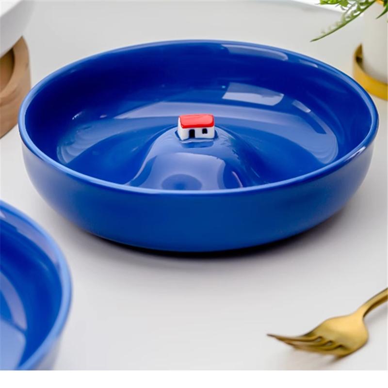 Hand-made Three-dimensional Small House Plate Home Decoration Bowl Creative Round Water Porcelain Plate Soup Plate