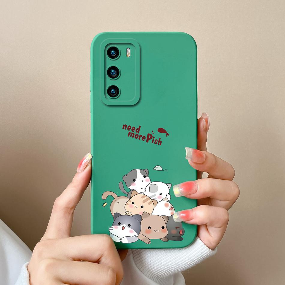 For Huawei P40 Pro Case Cute Cat Soft Liquid Silicone Full Coverage Anti Drop Bumper For HuaweiP40 P 40 P40Pro Candy Funda Shell