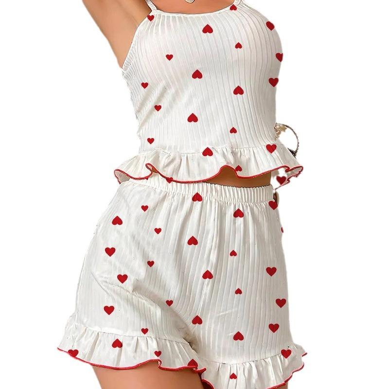 Sleeveless Pyjamas Camisole Shorts Sexy Ruffles Printed College Students Homewear Short Pyjamas Can Be Worn Outdoors Young Girls