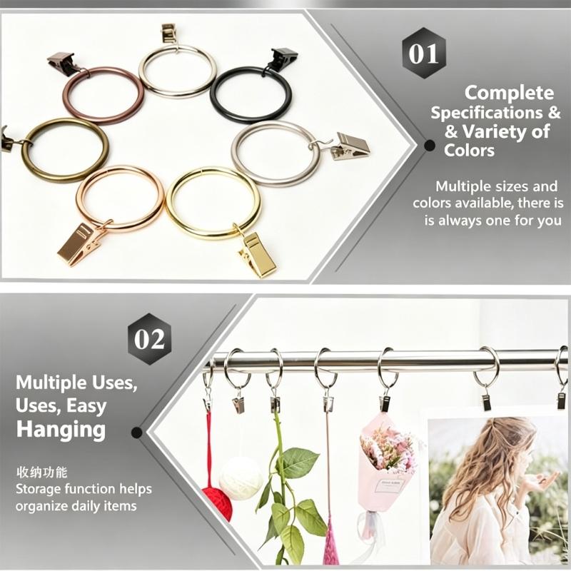 Metal Curtain Rings With Clips 25 Mm Interior Diameter Pack of 10 for Window Drapery Drapes Hanging, Divider Fabric, and Backdrops Display