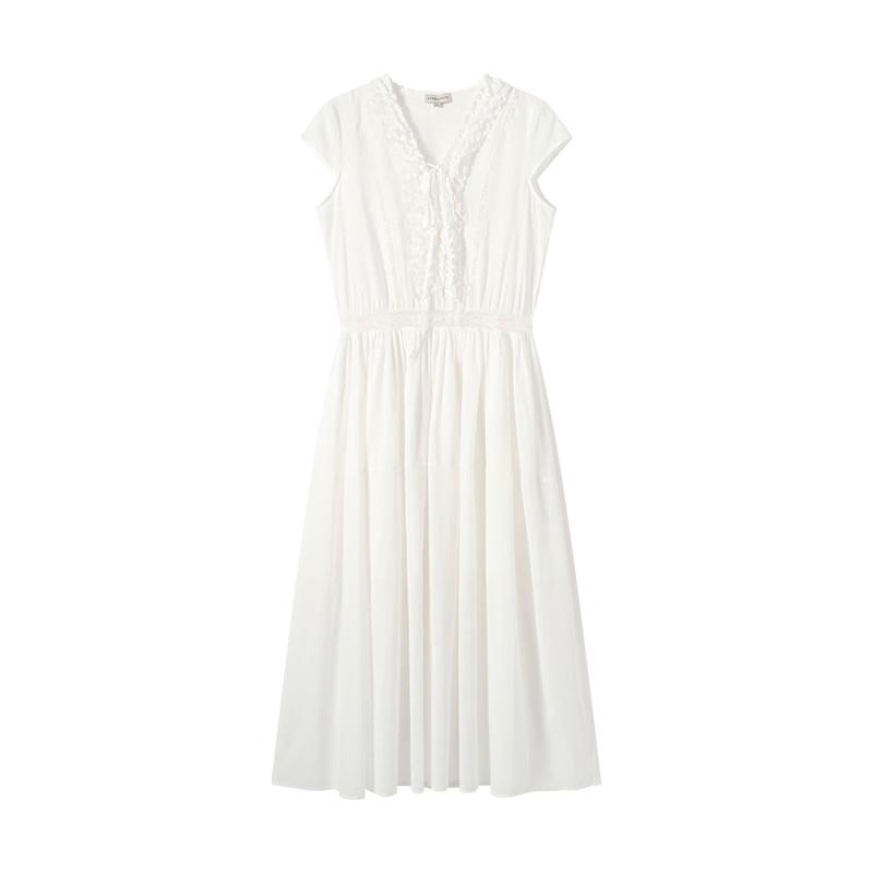 GREEN BELT Lace Splice Cotton Linen A-Line Summer Dress L