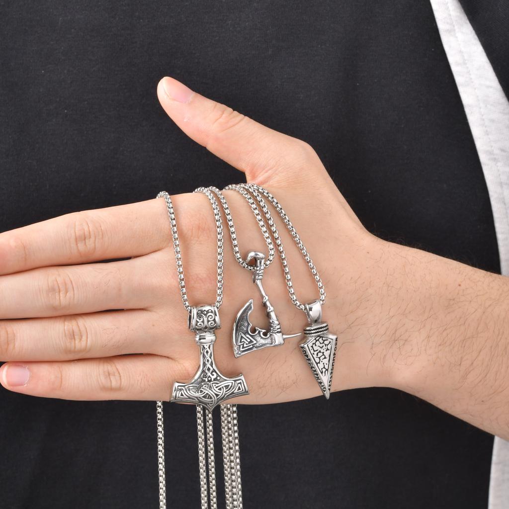 Viking Axe Necklace for Men,Vintage Stainless Steel Pirate Runes Necklace,Rock Punk Jewelry Gift for Dad Son Husband BBF