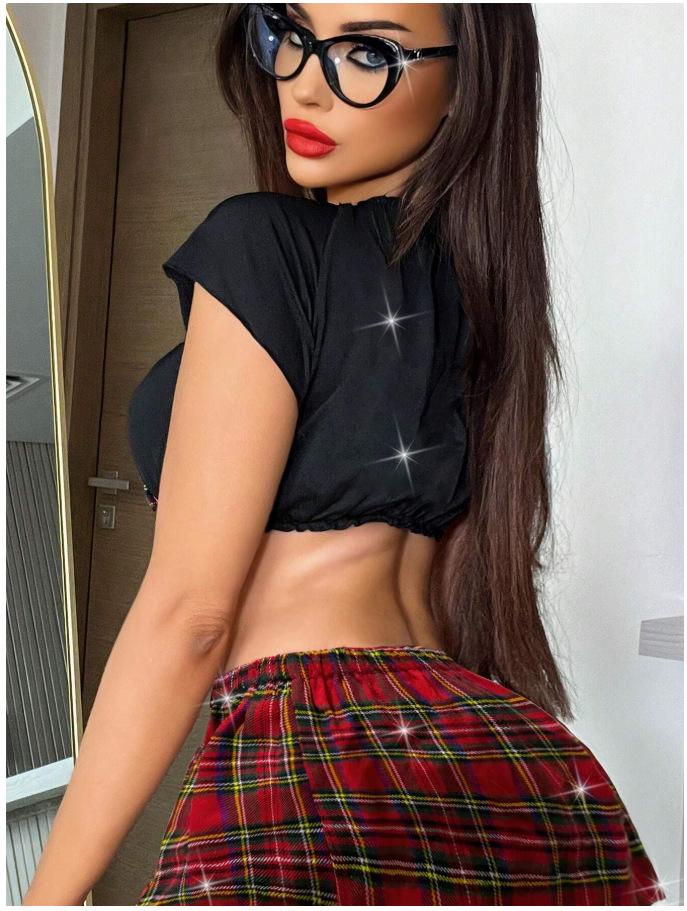 European & American Style Sexy COS Plaid Mini Skirt Lingerie Set