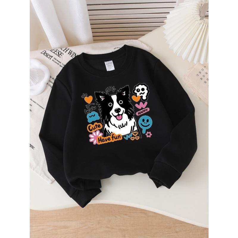 European Sizes Girls' Long-Sleeve Round Neck Sweatshirt "Cute Dog" Print, Spring/Autumn, Casual, Daily & Sports.