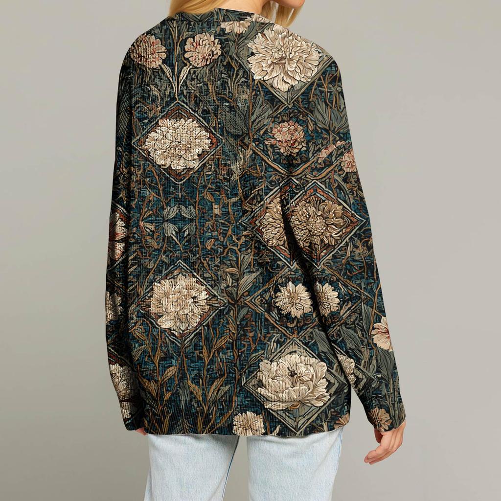 Dame Mote Langermet Juleprint V-Hals Knapper Løs Cardigan Topp